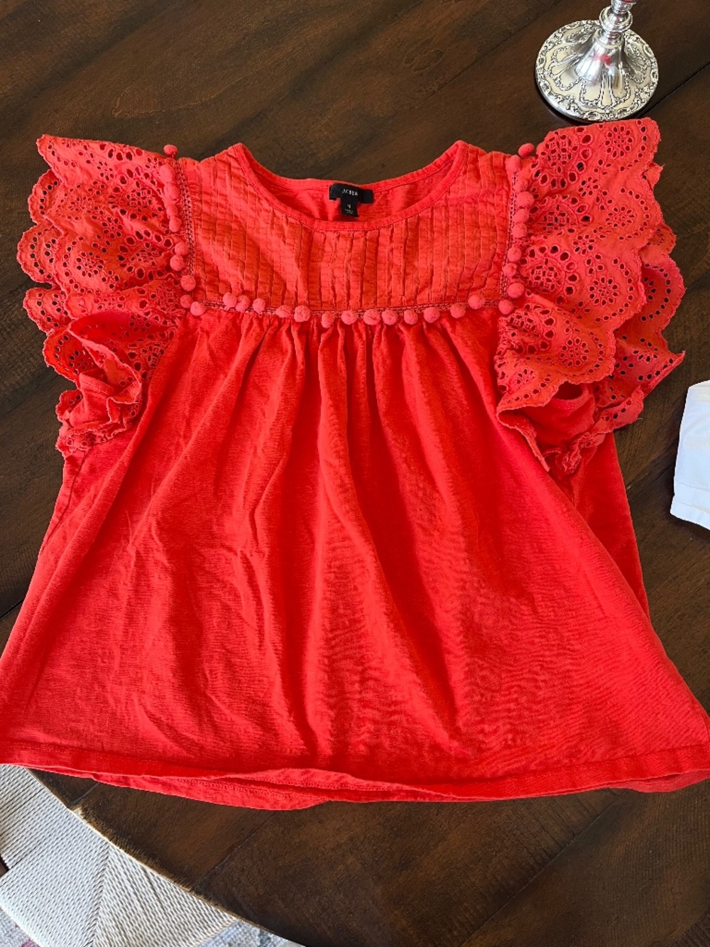 J Crew Pom Pom Ruffle Eyelet Sleeve Cotton Blouse Womens Size XXL